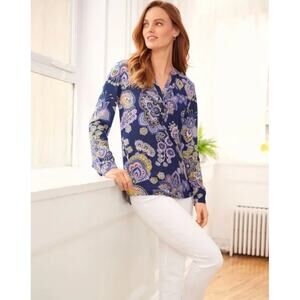 Talbots Womens M Petite Blue Paisley Band Collar Pullover Long Sleeve Blouse